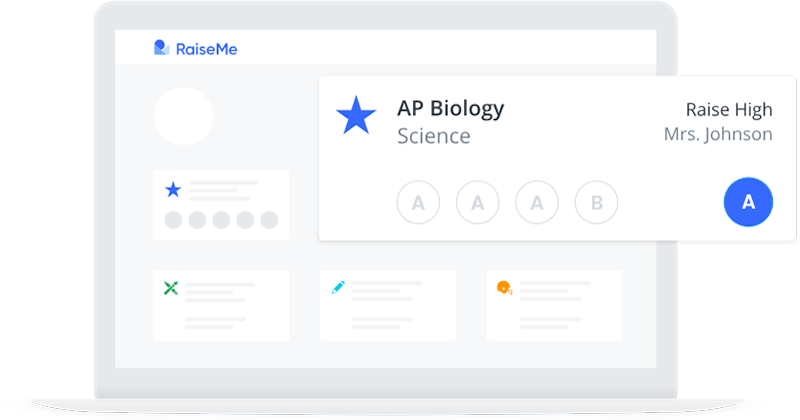 Illustration of a sample student portfolio on RaiseMe, with one course highlighted. The course is
            named AP Biology, and is indicated as a Science course taken at Raise High and instructed by a teacher
            named Mrs. Johnson.